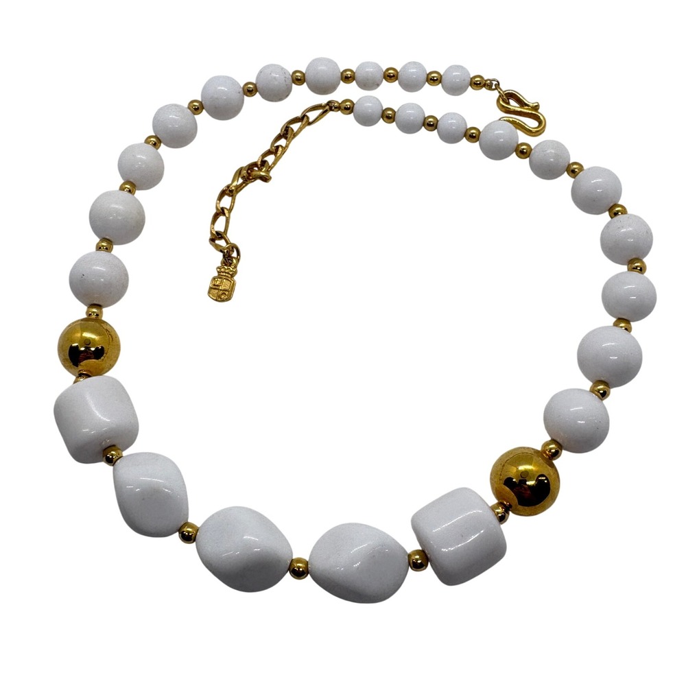 Vintage Liz Claiborne LC White Gold Tone Beaded Statement Necklace 18-21"